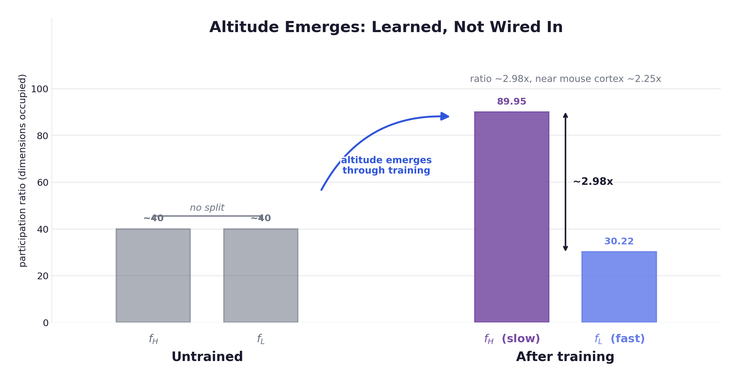 Abstraction altitude emerges, not wired in: before training HRM's two modules both sit near participation ratio 40, but after training the slow module climbs to 89.95 while the fast one stays at 30.22, a ~2.98x split close to the mouse-cortex ratio of ~2.25x